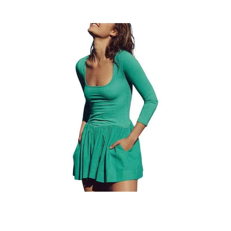 FREE PEOPLE Onda Drop-Waist Long-Sleeve Mini Long-Sleeved Dresses Women's Malachite Green/Peacock Green-0