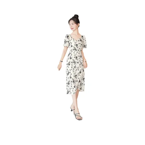 Cypress House Short Sleeved Dresses Women's Beige Base With Black Flowers