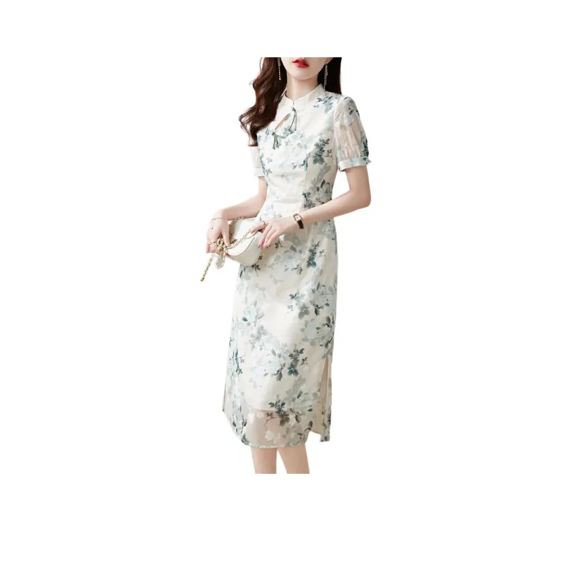 Mo Han Yi Mei Short Sleeved Dress Women's White Base Green Floral-0