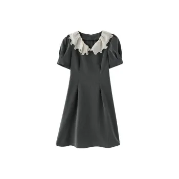 TIBINB Short Sleeved Dress Women's Gray Diamond Collar