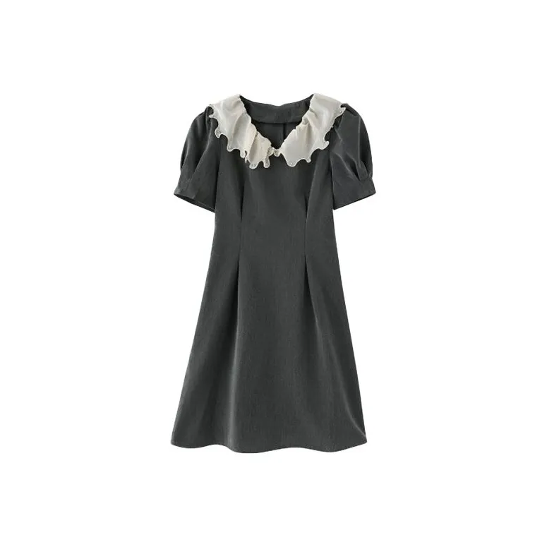 TIBINB Short Sleeved Dress Women's Gray Diamond Collar-0