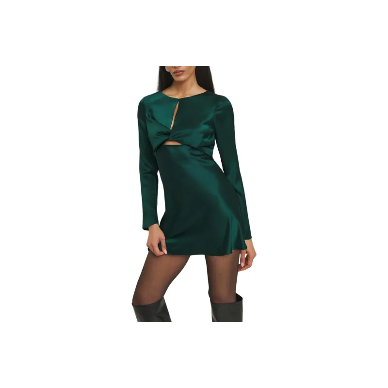 REFORMATION Natalina Satin Dress Long-Sleeved Dresses Women's Forest Green-0
