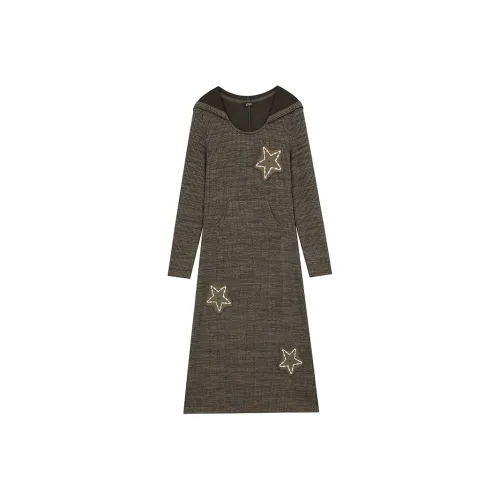 ELF SACK Vintage Stars Embroidery Long Sleeved Knitted Fabric Dress Women's