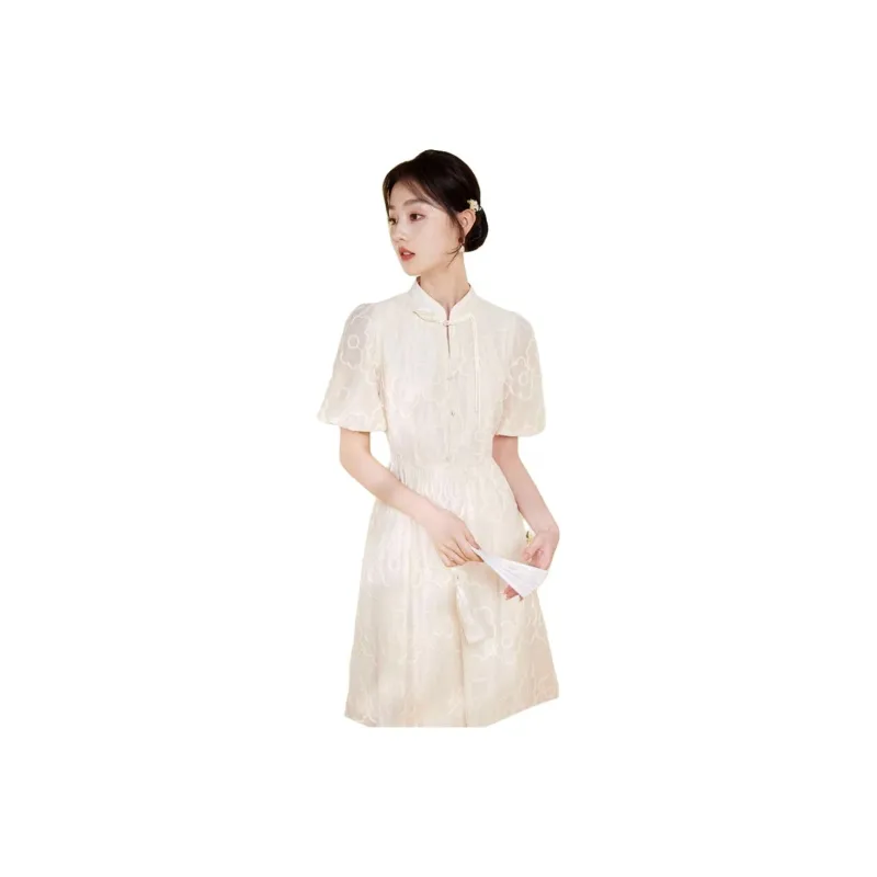 XIANGYING Short Sleeved Dresses Women's Beige-0
