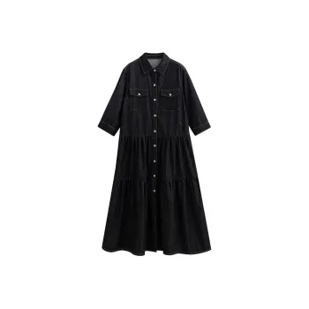 Initial Language Long Sleeved Dresses Women's Denim Black
