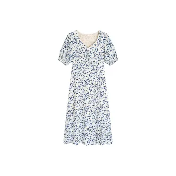 HDFULERN Short Sleeved Dresses Women's White Base With Blue Floral