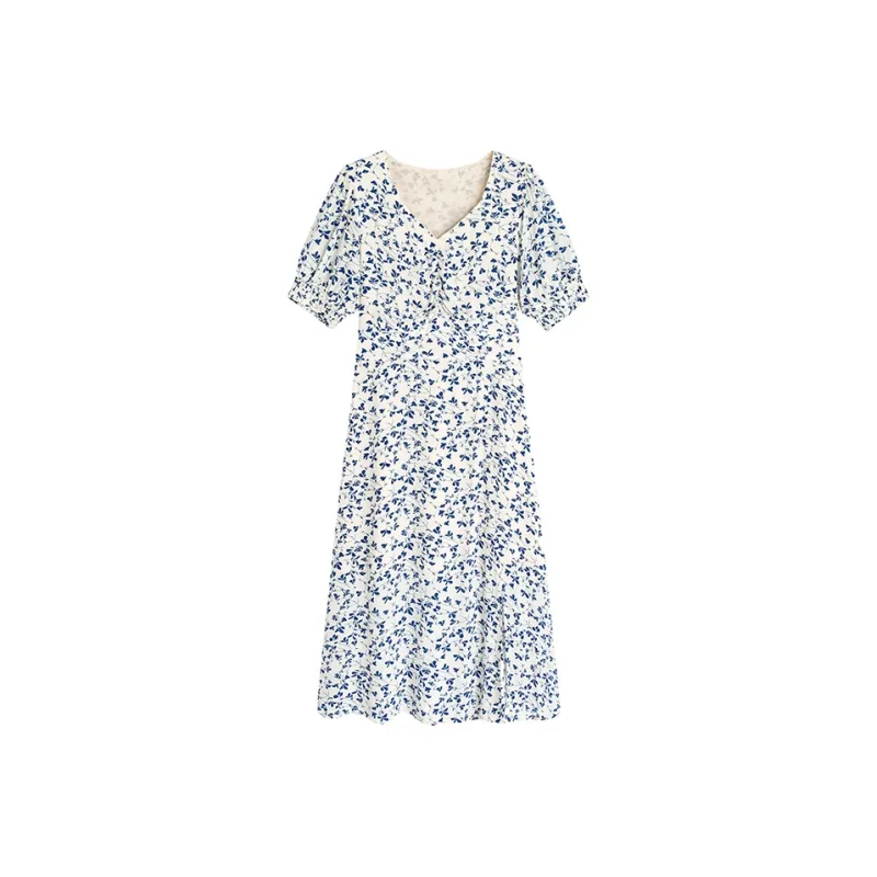 HDFULERN Short-Sleeved Dresses Women's White Base With Blue Floral-0