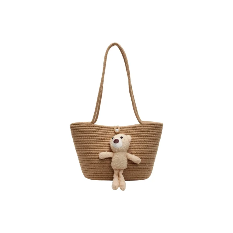 WXRX Chunky Yarn Woven Shoulder Bag Women's Ecru Floral/Khaki Floral/Ecru Bear/Khaki Bear-18
