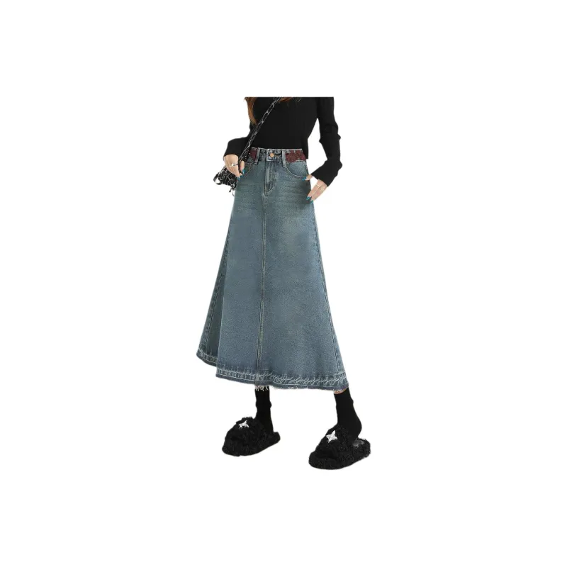 Weixi Denim Long Skirts Women's Vintage Blue-0