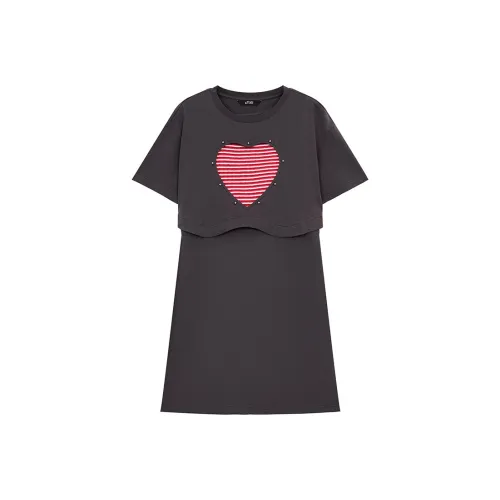 ELF SACK Short Sleeved Dress Women's Heart Gray