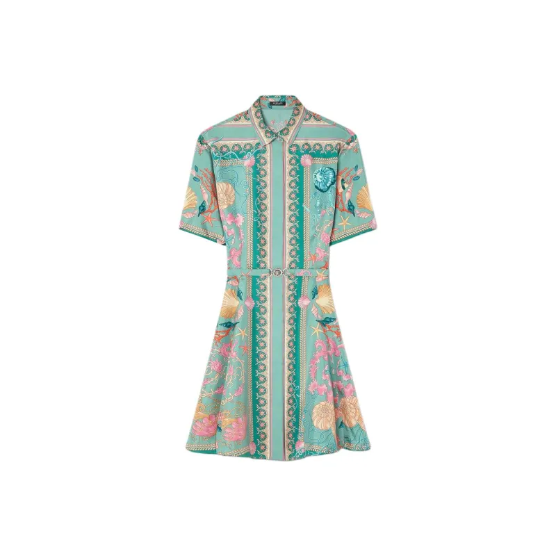 VERSACE Underwater Barocco Silk Mini Shirt Dress-0