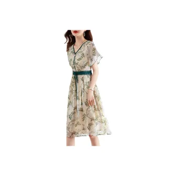 XWI Short Sleeved Dress Women's Apricot Base With Green Leaves