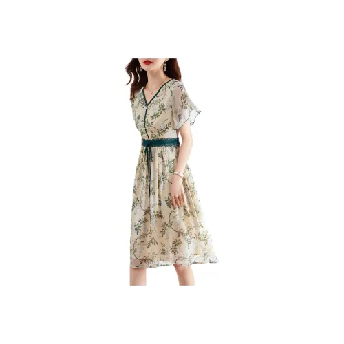 XWI Short Sleeved Dress Women's Apricot Base With Green Leaves