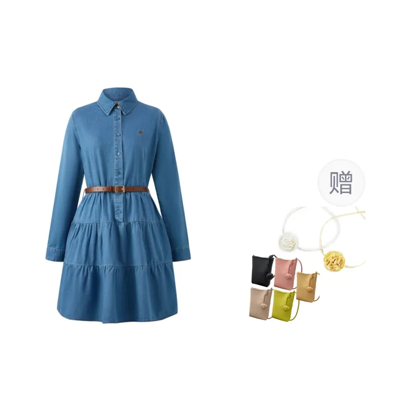 E.land Long-Sleeved Dresses Women's Light Denim Blue-2