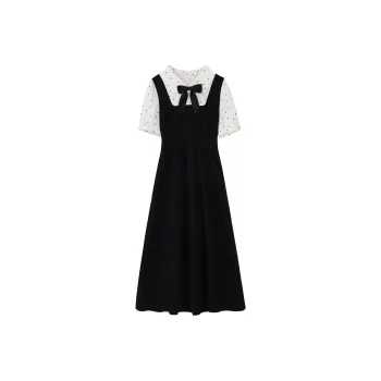 Alxnan Short Sleeved Dress Women's Black Apricot Patchwork