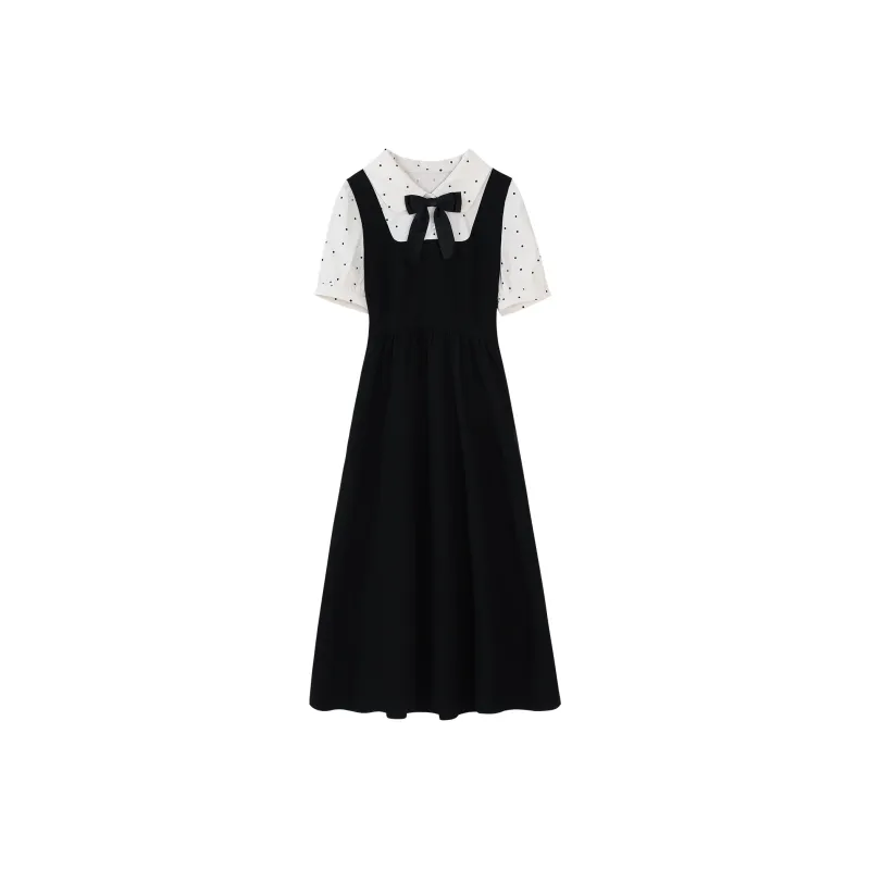 Alxnan Short Sleeved Dress Women's Black Apricot Patchwork-0