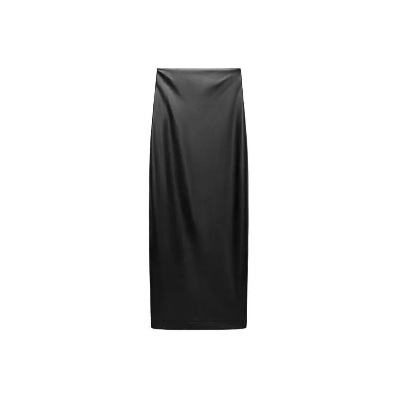 ZARA ZW Series Leather Long Skirts Women's Black-0