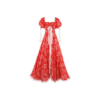 Selkie Collection SS25 Short Sleeved Dresses Women's Red Background With Rose Print