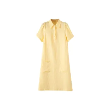 Late White Short Sleeved Dress Women's Light Yellow
