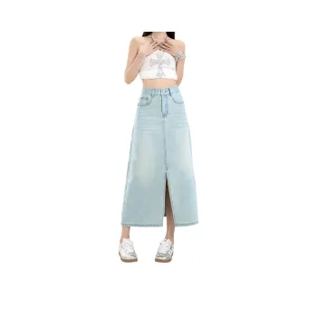 Rose Denim Long Skirt Women's Blue Rhinestone