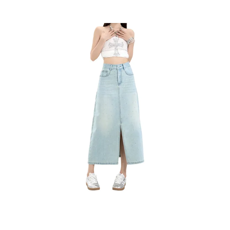 Rose Denim Long Skirt Women's Blue Rhinestone-0