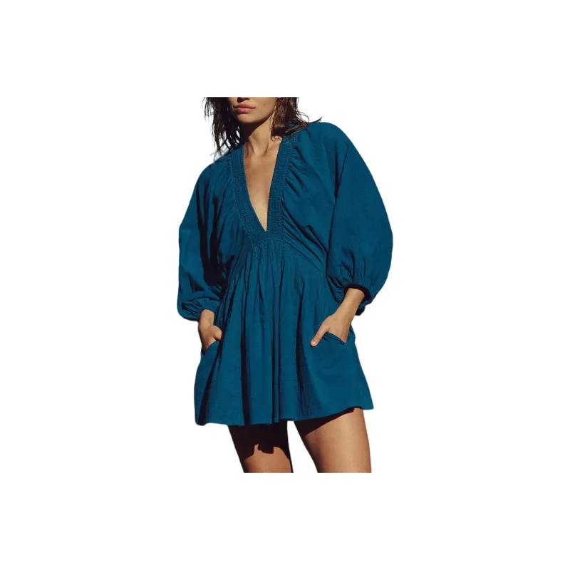FREE PEOPLE For The Moment Mini Long-Sleeved Dresses Women's Navy Patina/Marine Blue Bronze Green-0