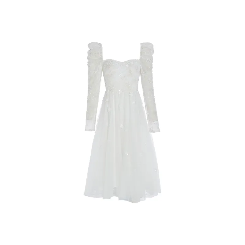 Marie Elie Long Sleeved Dresses Women's White Base Pattern-0