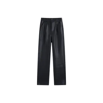 Garbege Leather Pants Women's Black Fleece Lined Regular Edition