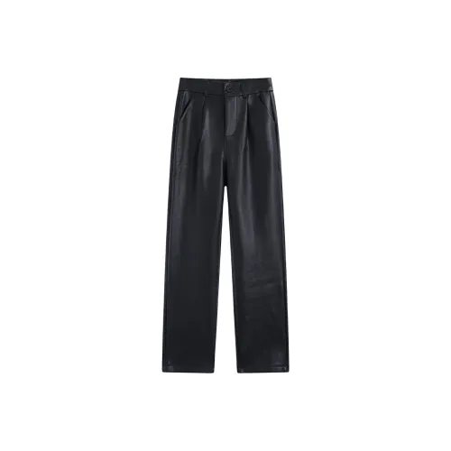 Garbege Leather Pants Women's Black Fleece Lined Regular Edition