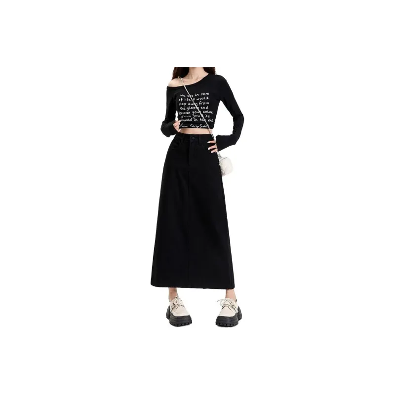 7 SEVFUN Slimming, Height Increasing, Loose Fit, Draped Commute Trendy Campus Style Denim Long Skirt Women's Black-0