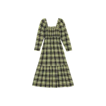 GANNI Long Sleeved Dresses Women's Elf Yellow Plaid