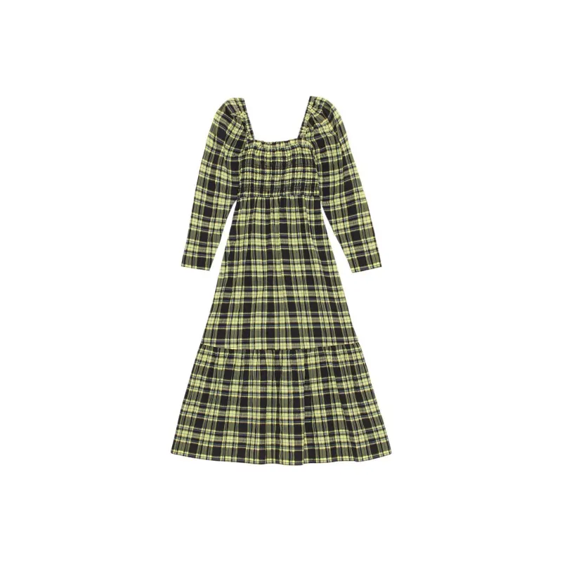 GANNI Long Sleeved Dresses Women's Elf Yellow Plaid-0
