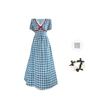 TORIGHT Short Sleeved Dress Women's Blue Gift Bowknot Hair Tie