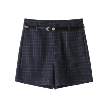H YXIANG Casual Shorts Women's Blue Plaid