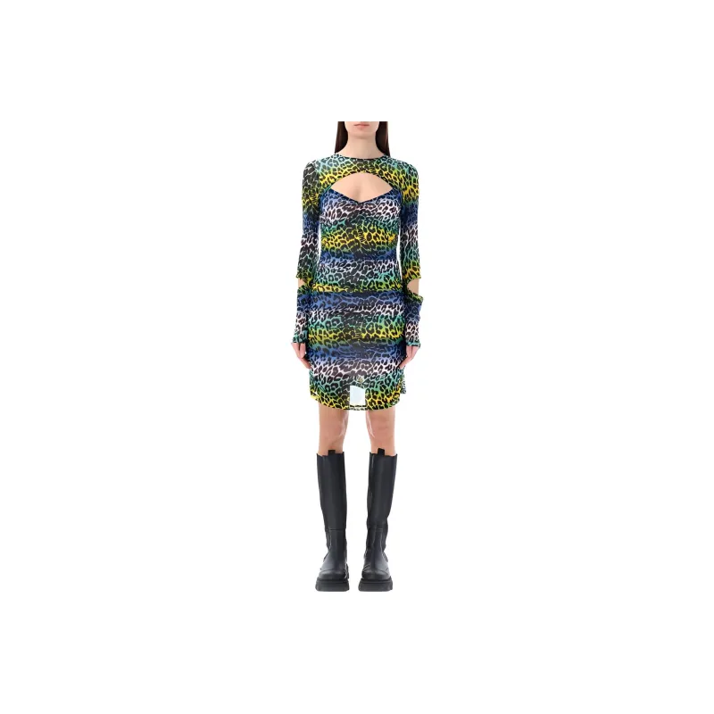 GANNI Printed Mesh Cutout Mini Dress 'Multicolor'-0