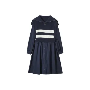 XIANGYING Long Sleeved Dresses Women's Navy Blue