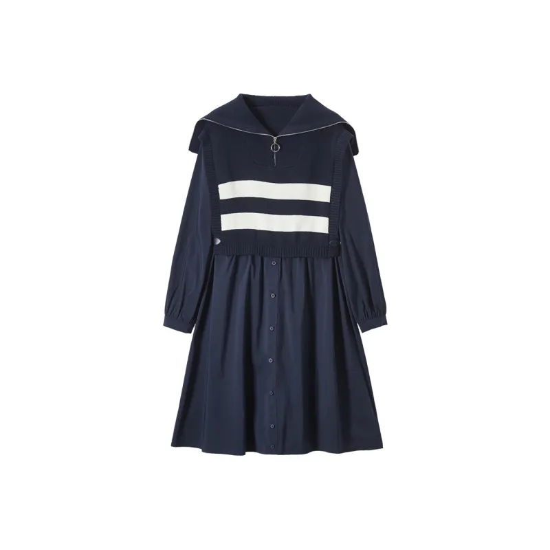 XIANGYING Long Sleeved Dresses Women's Navy Blue-0