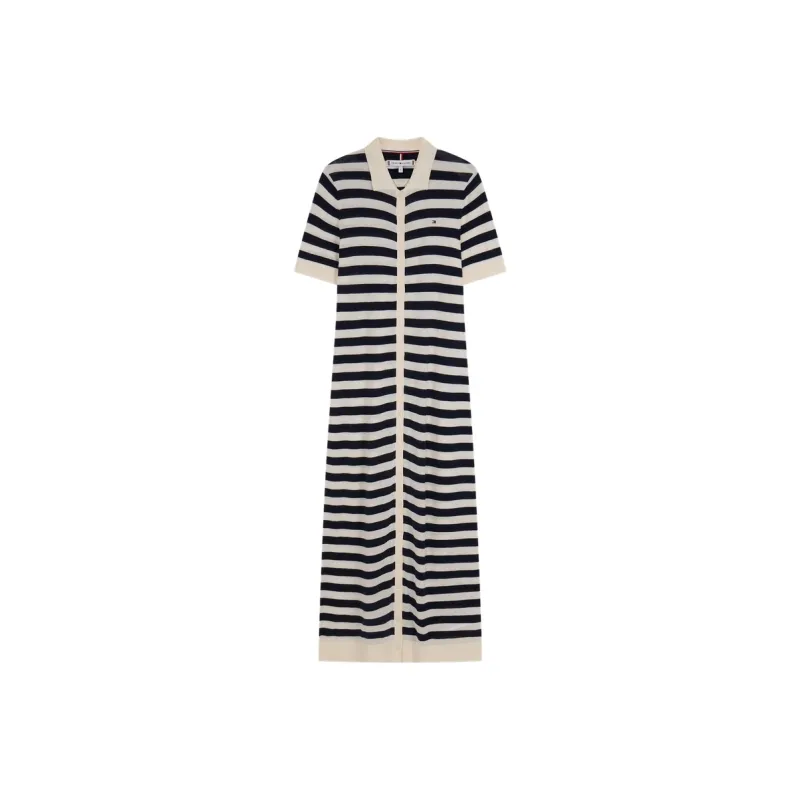 Tommy Hilfiger Short Sleeved Dress Women's Beige White Navy Blue Stripes-0