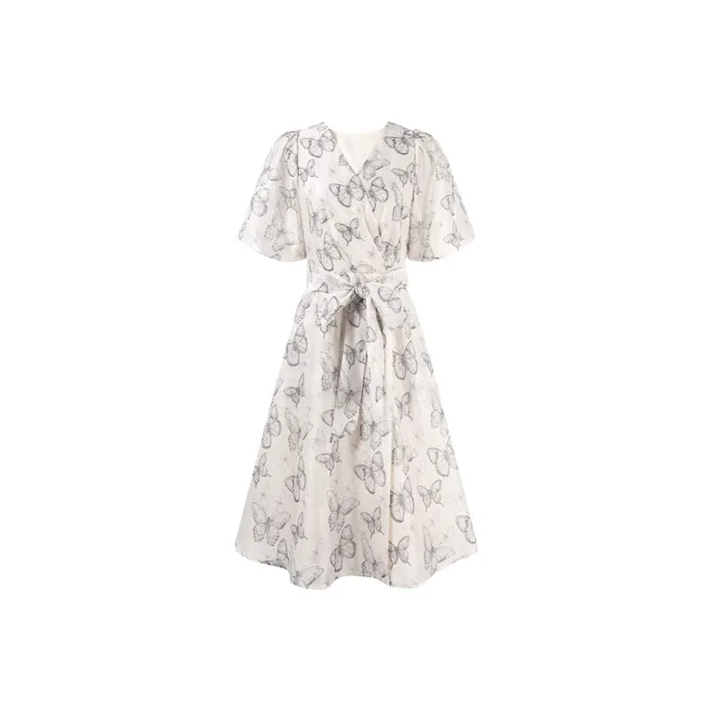 HDFULERN Short Sleeved Dresses Women's Beige Yellow-0