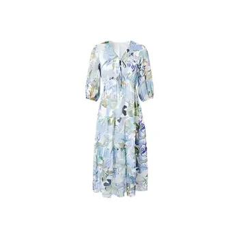 Hopeshow Long Sleeved Dress Women's Blue Floral