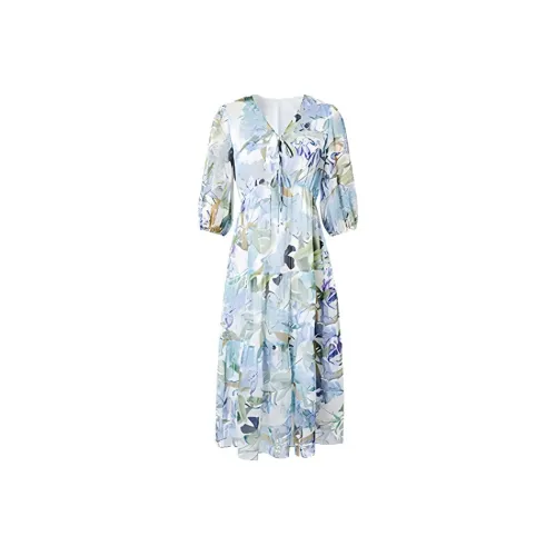 Hopeshow Long Sleeved Dress Women's Blue Floral