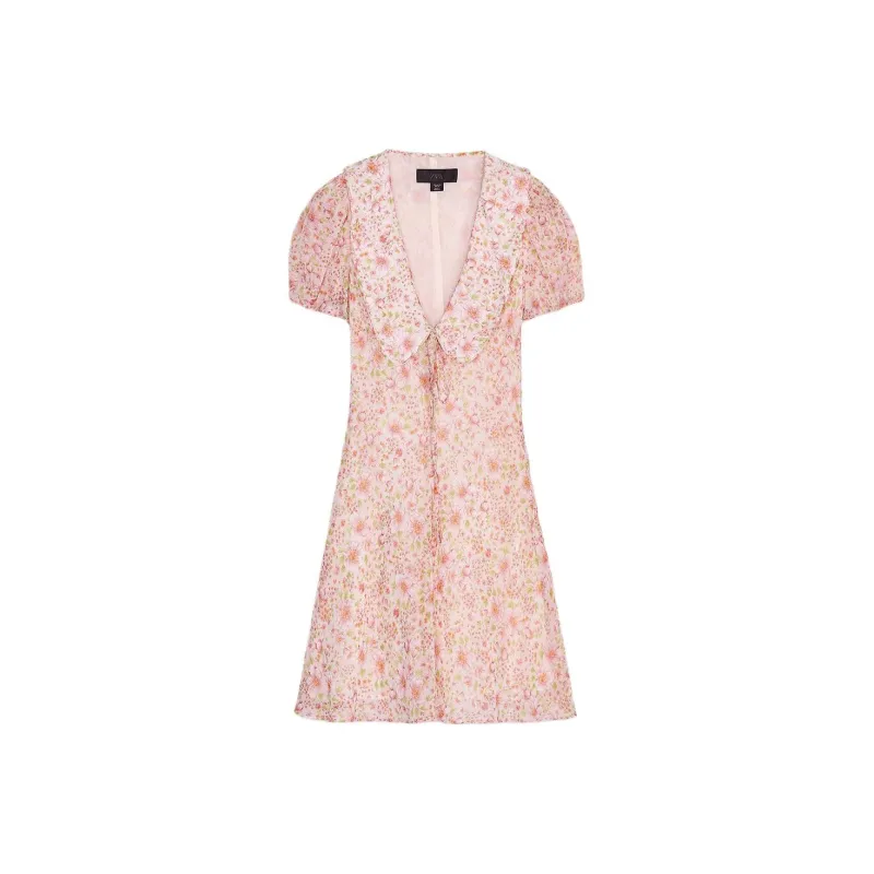 ZARA Short Sleeved Dress Women's Light Pink Red-0