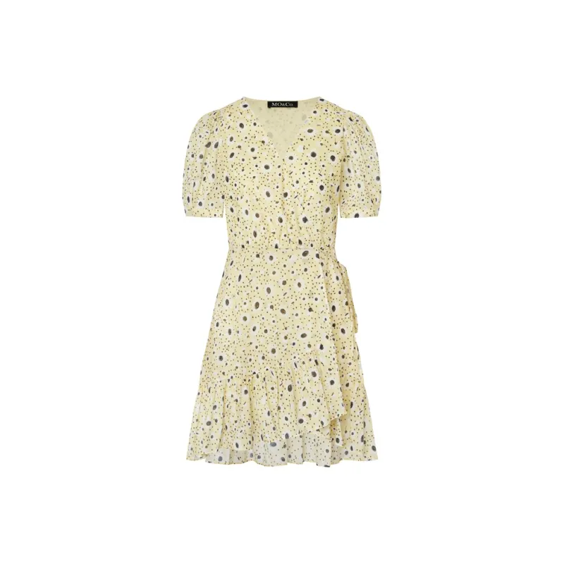 MO&CO Short Sleeved Dresses Women's Yellow With Small Floral-0