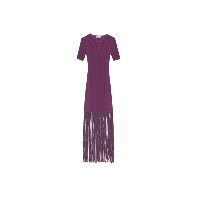 GANNI Purple Melange Knit Fringe Short Sleeve Mini Dress Short-Sleeved Dresses Women's Purple-0