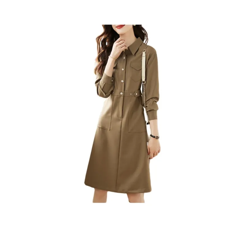 Mo Han Yi Mei Long Sleeved Dresses Women's Khaki Green-0