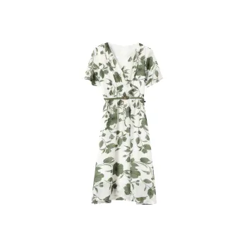 ONE PASS STUDIO Short-Sleeved Dresses Women's White Base With Green Floral Pattern