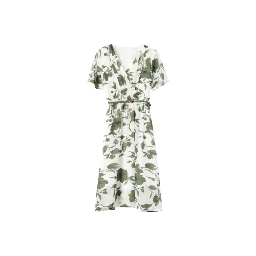 ONE PASS STUDIO Short-Sleeved Dresses Women's White Base With Green Floral Pattern