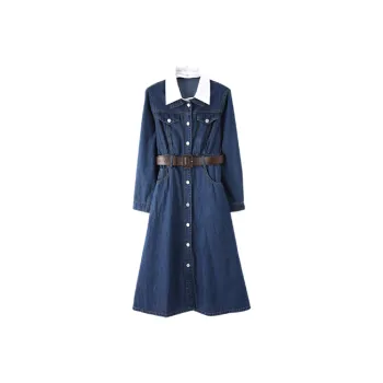 Mo Han Yi Mei Long Sleeved Dresses Women's Denim Blue