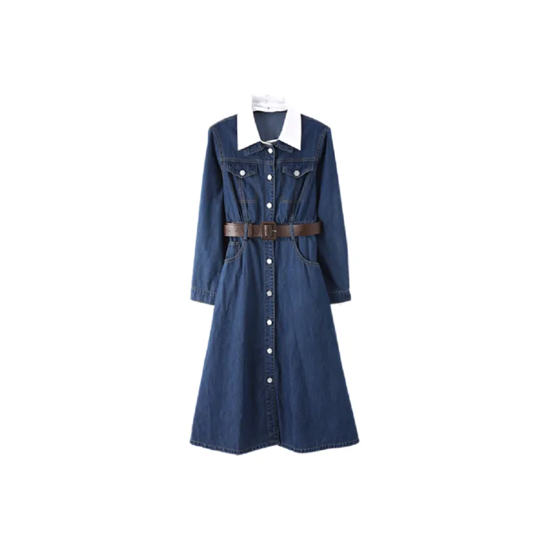 Mo Han Yi Mei Long Sleeved Dresses Women's Denim Blue-0