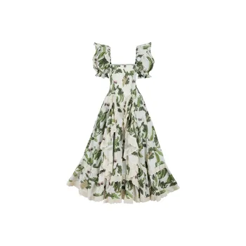 Selkie Collection SS25 Short Sleeved Dress Women's Ivory White Base With Magic Bean Print